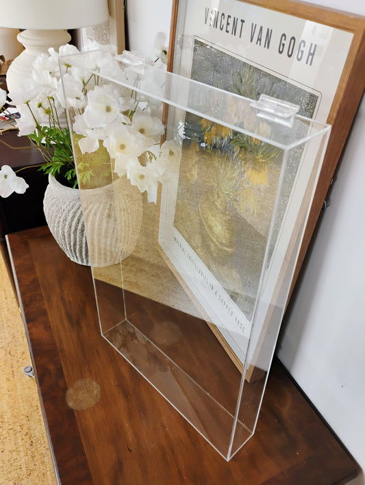 Custom made clear acrylic box with hinged top lid