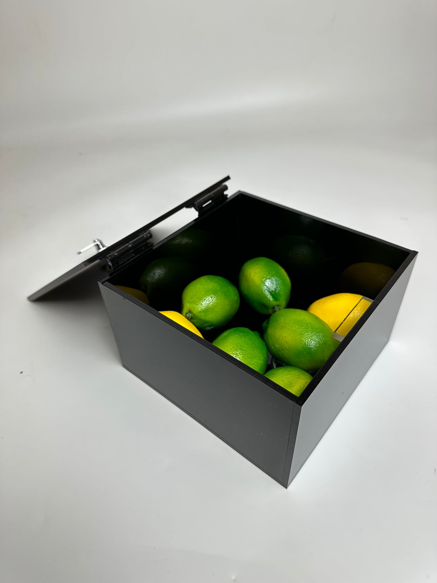 black Acrylic Box - Custom Size with hinged top lid and cam lock