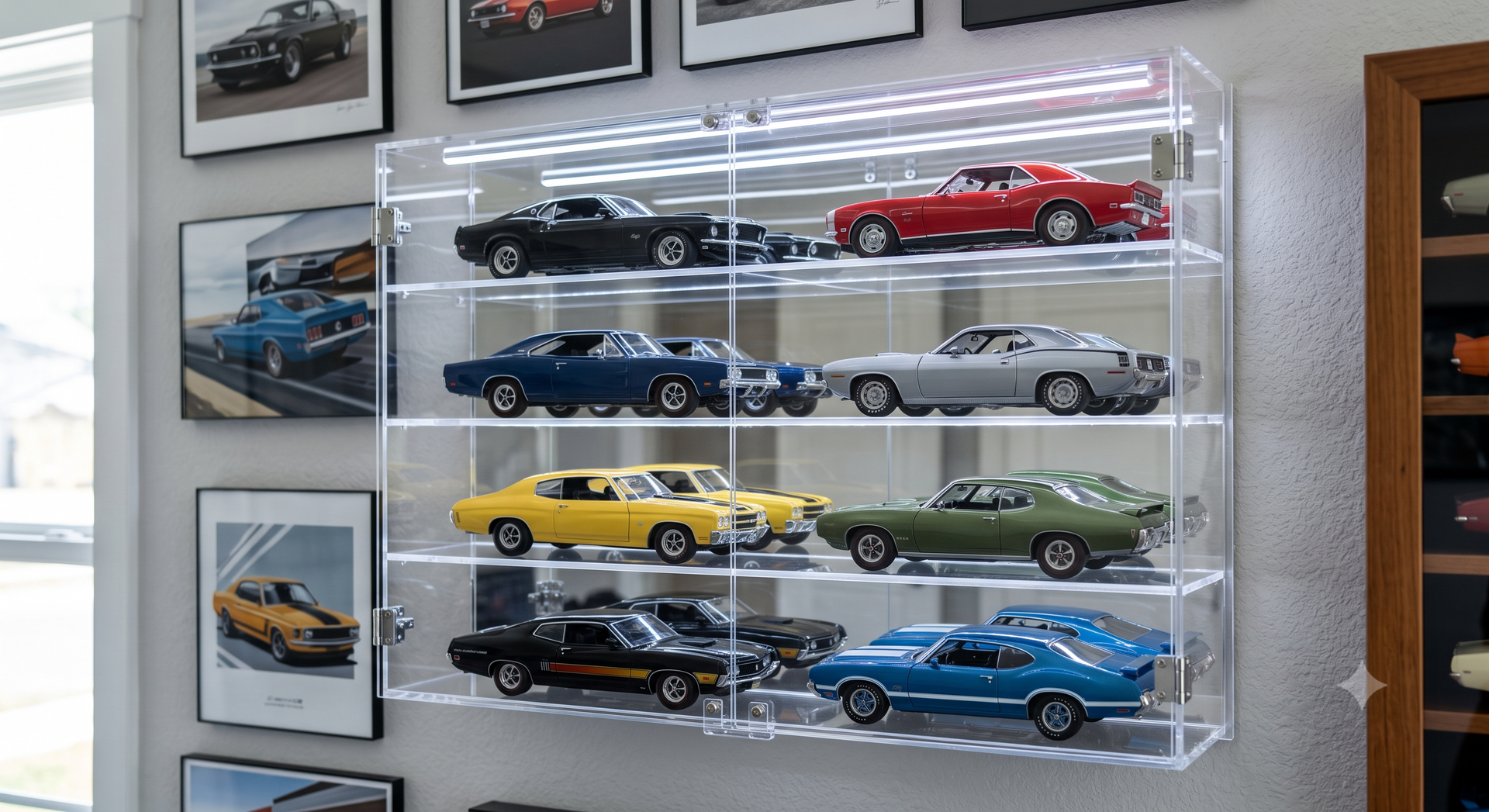 A clear acrylic wall-mounted display case with four shelves holding multiple vintage model cars in different colors, shown against a white wall with framed car photos.