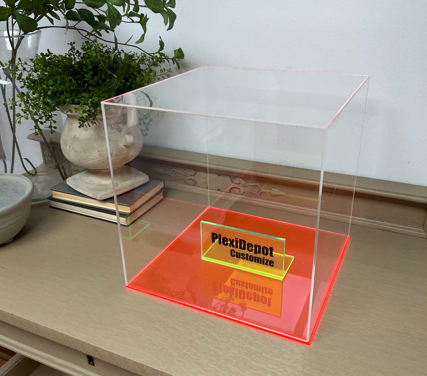 5-Sided Acrylic Box W/ Fluorescent Pink Base - Custom Size