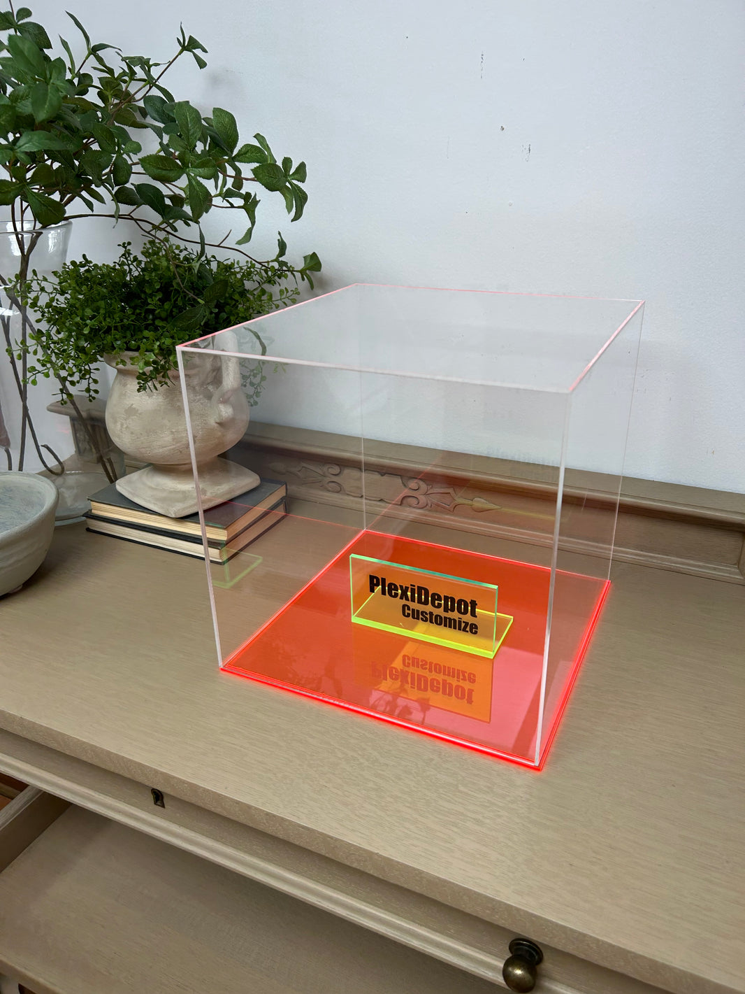 5-Sided Acrylic Box W/ Fluorescent Pink Base - Custom Size