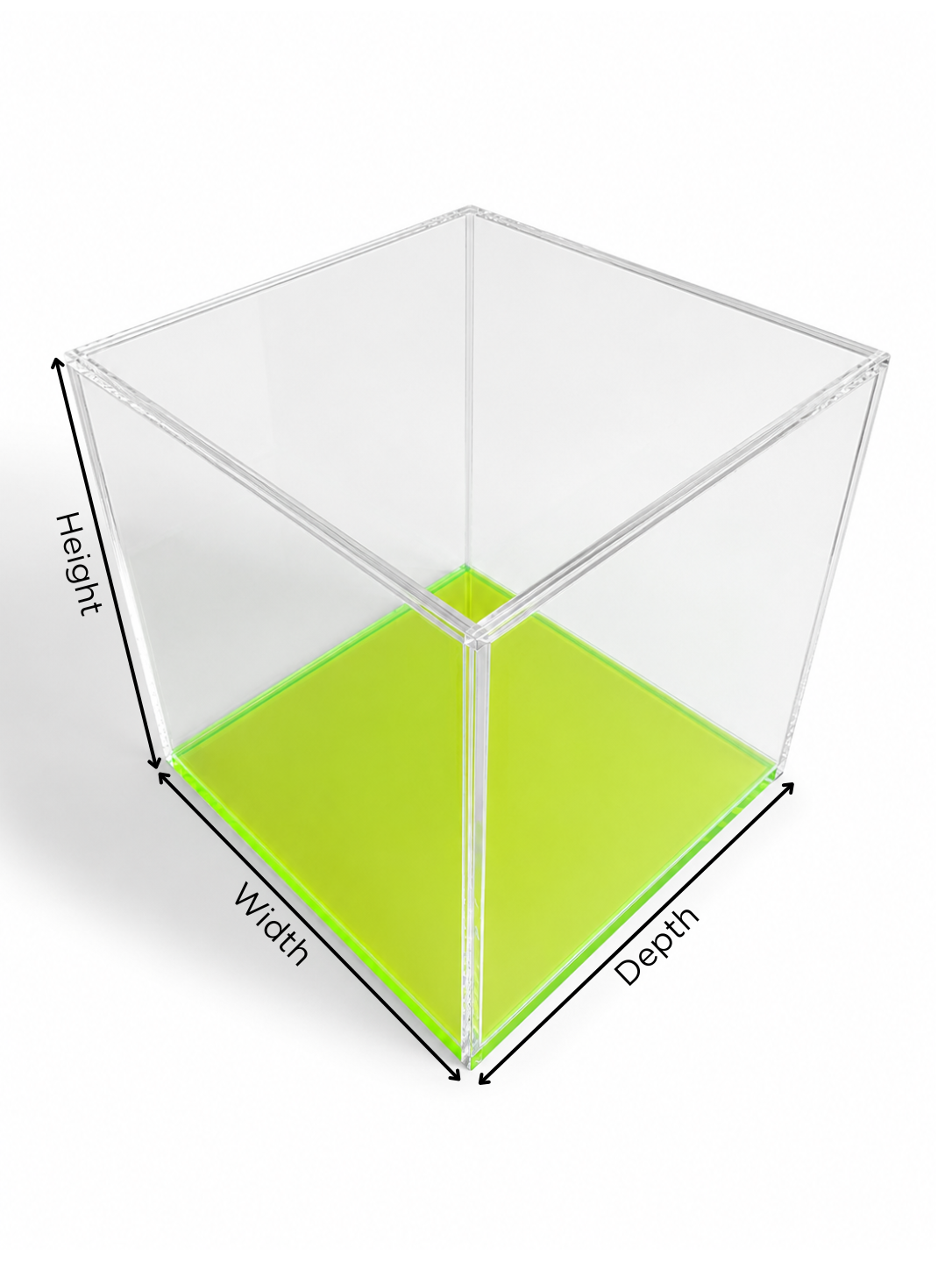 Caja de acrílico de 5 lados con base fluorescente verde, roja y azul (tamaño personalizado)