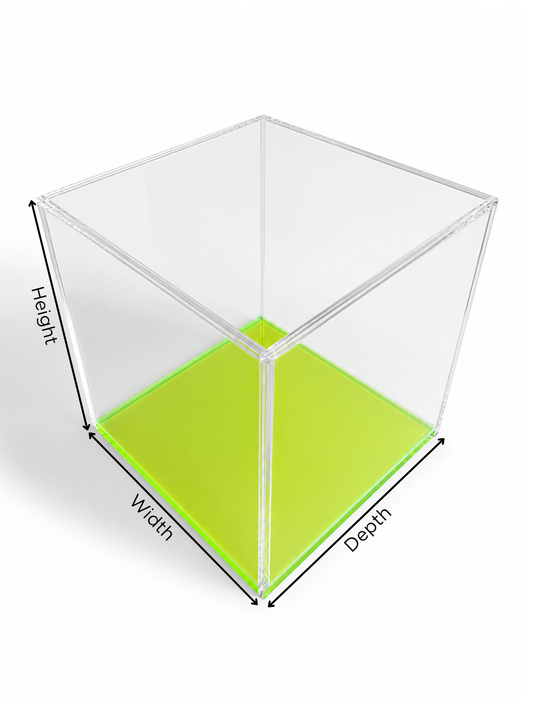 Caja de acrílico de 5 lados con base fluorescente verde, roja y azul (tamaño personalizado)
